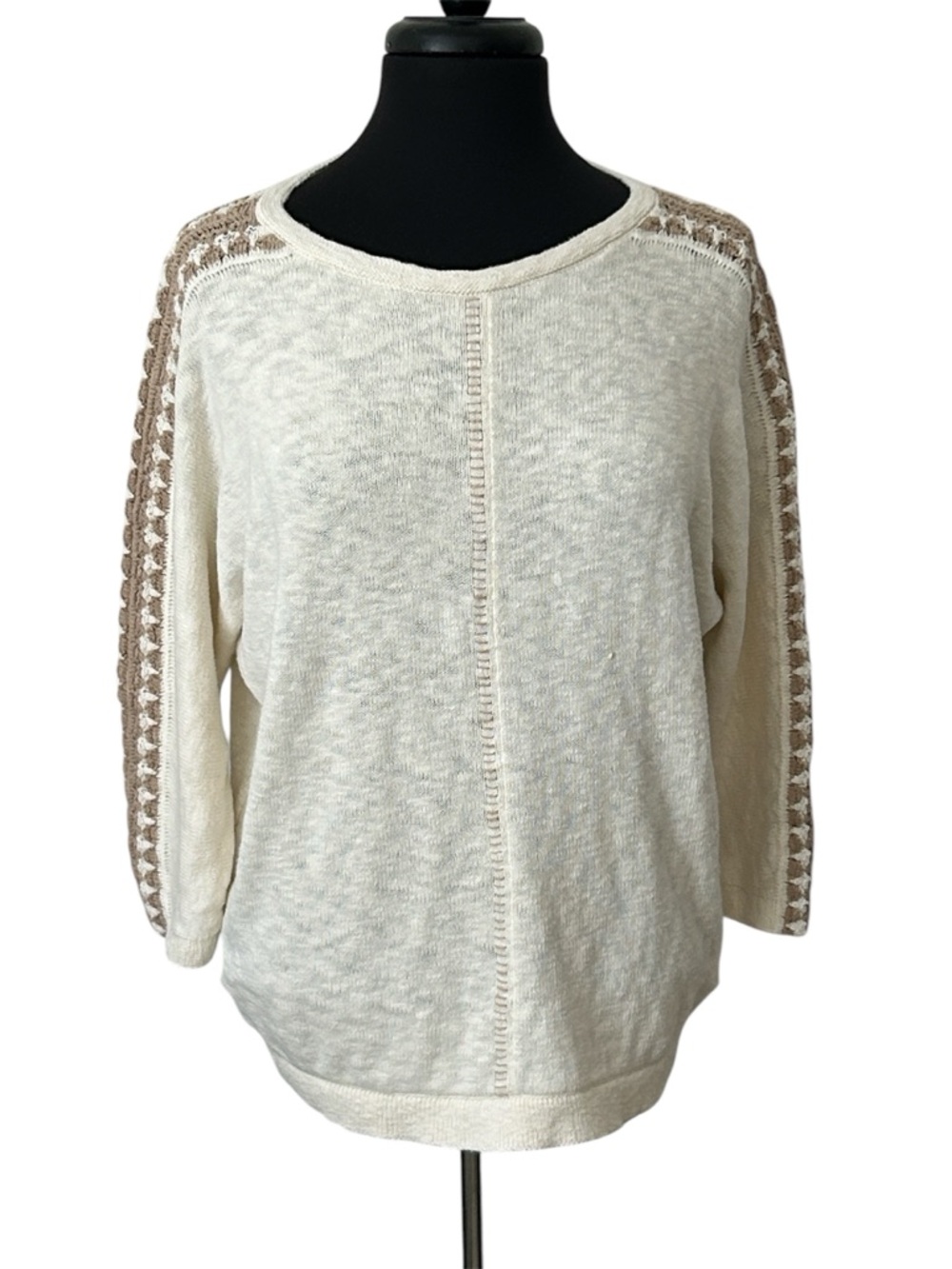 J. Jill Cream Crewneck Sweater with Taupe Crochet-Trim Sleeves. Boxy Size Small.